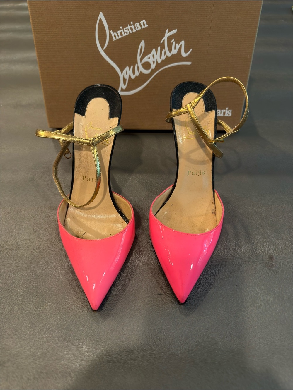 Christian Louboutin Pink Patent Pointed-Toe Ankle-Strap Pumps. Size 37